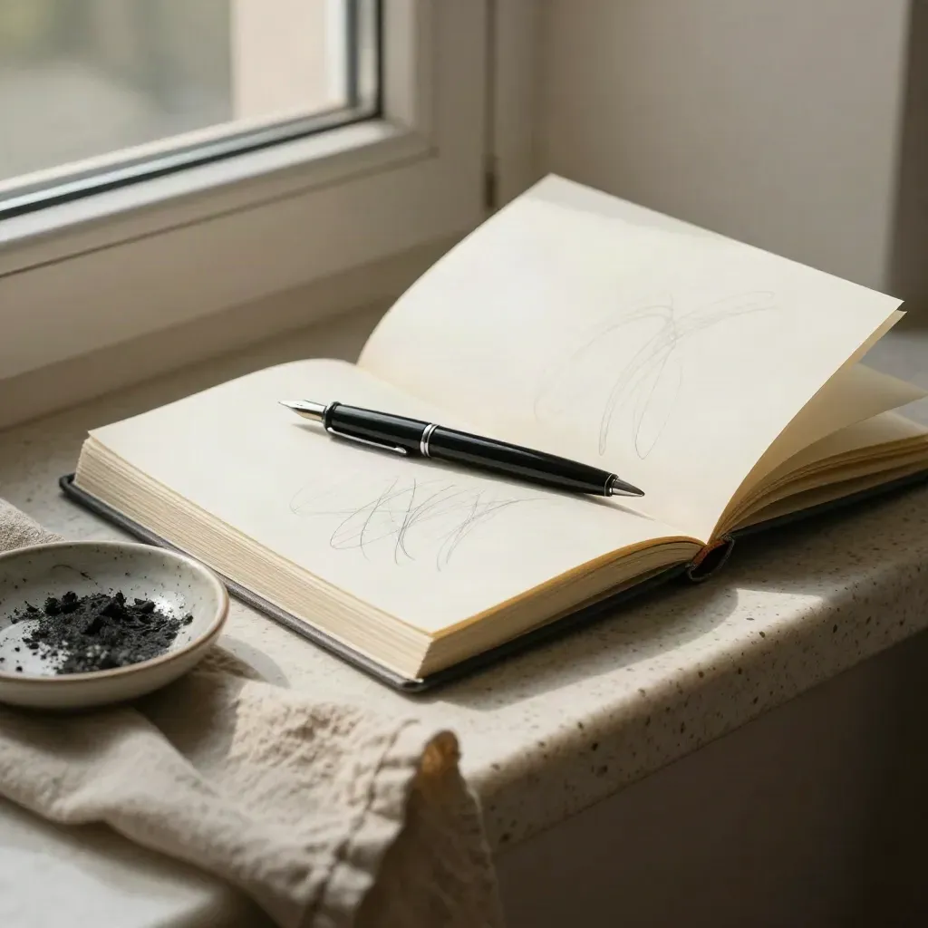 Open journal with pencil loops, pen, ceramic dish and linen on travertine in window light.
