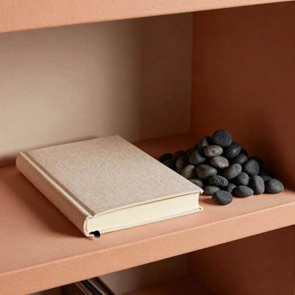 Charcoal pebble markers beside a closed logbook on a pale terracotta shelf, lit from upper left.