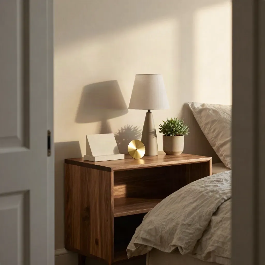 Bedside shelf with lamp, plant, brass reminder disc, and clipped card in dawn light