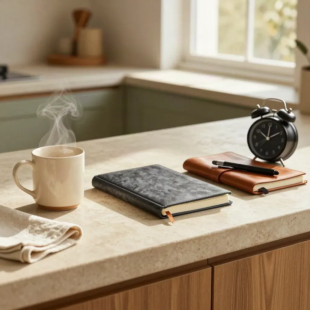 Steam rises from a mug beside a work notebook, journal, and alarm clock on a sunlit counter.