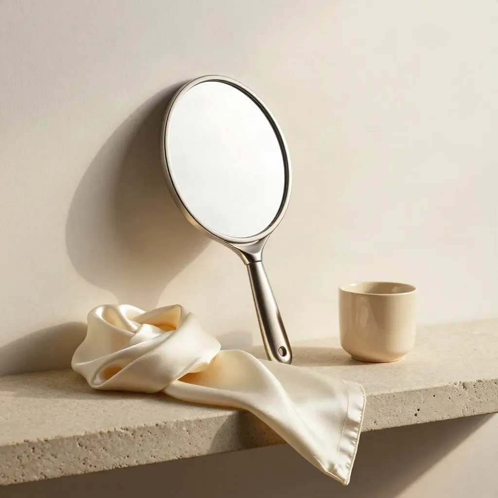Handheld mirror, ivory silk scarf, and cream cup on a stone shelf, poised and refined.